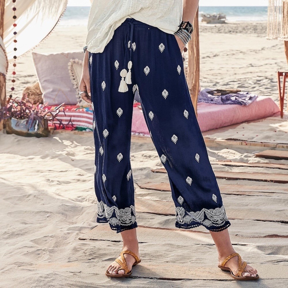 SUNDANCE Le Meridien Embroidered Tassel Pull-On Pants Navy Wide‎ Leg Large